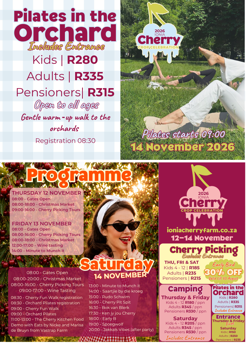cherry festival programme, Ionia Cherry Crop Celebration, Spoegwolf, Pilates, Orchard, Jakkals Vibes, Early B